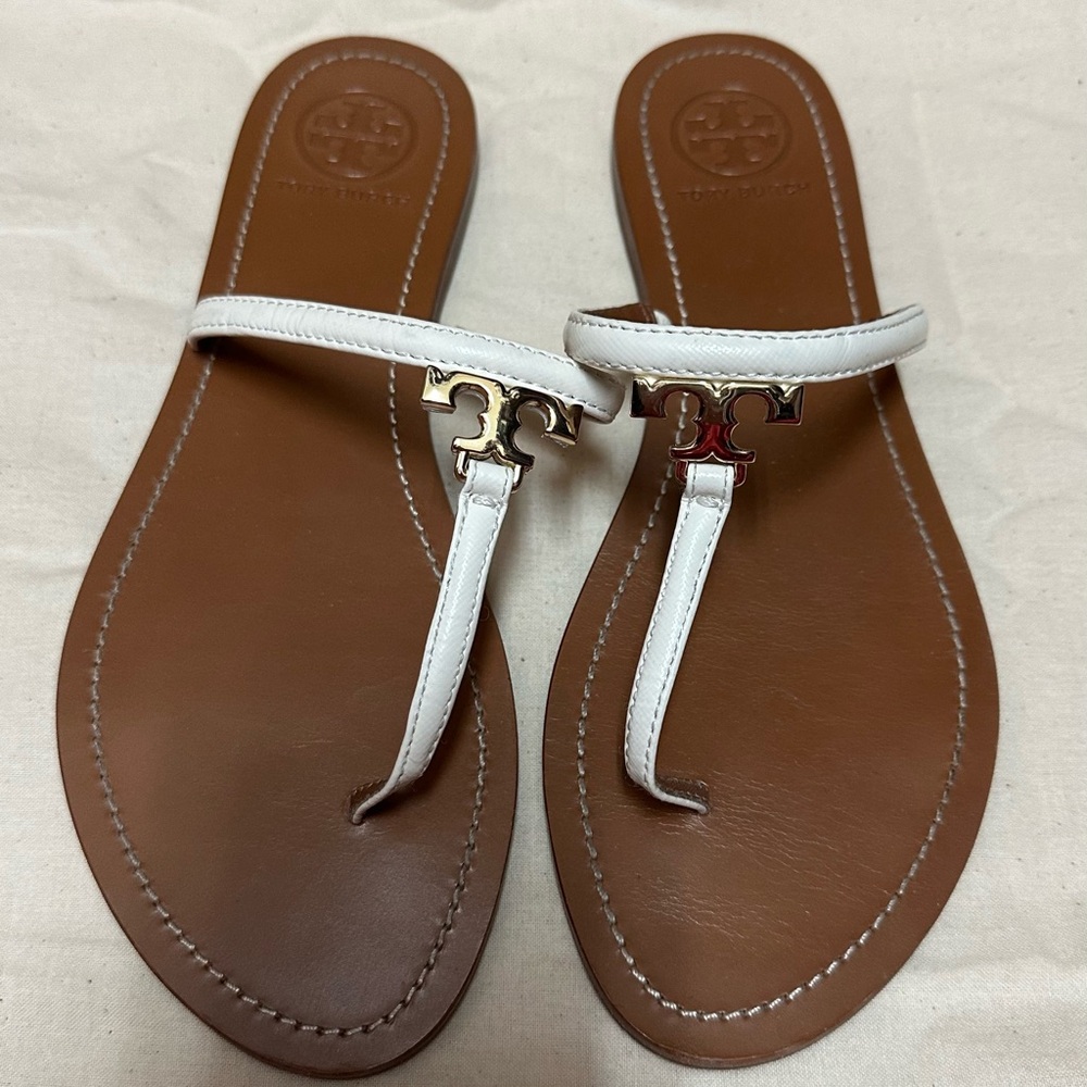 Tory Burch White and Brown Sandals with Logo Accent